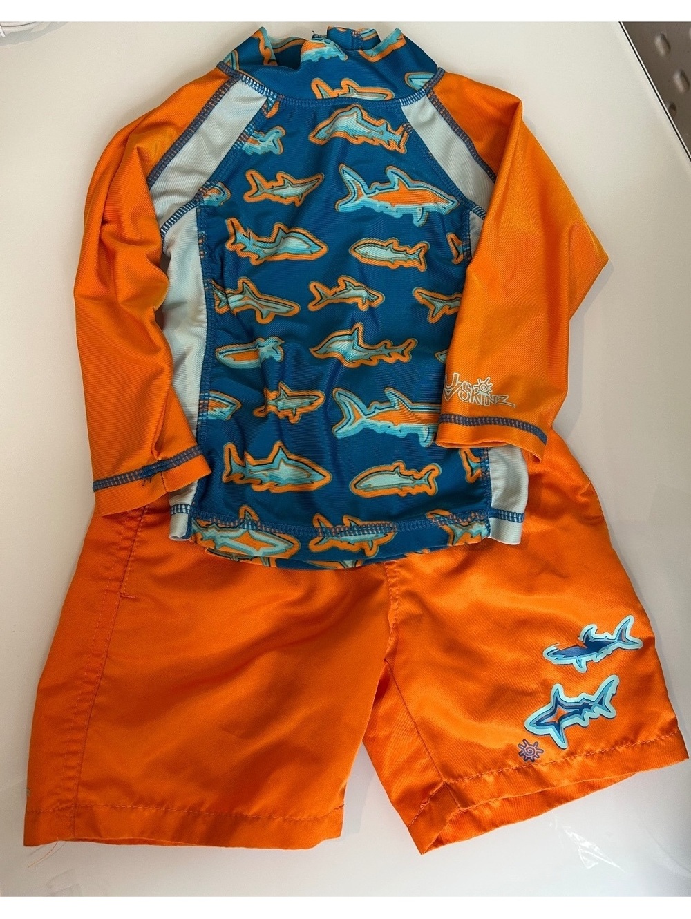 UV Skinz UPF 50+ Boys Rash Guard Shirt & Swim Trunks Orange Blue Fish Size 2T